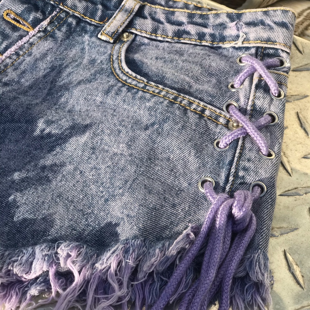 Purple tie corset side cut off jean shorts rave boho festival bow beach river